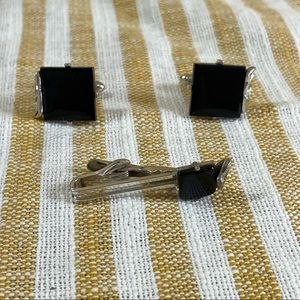 Vintage SWANK Black and Silver Tone Cuff Links Tie Clip Set Retro